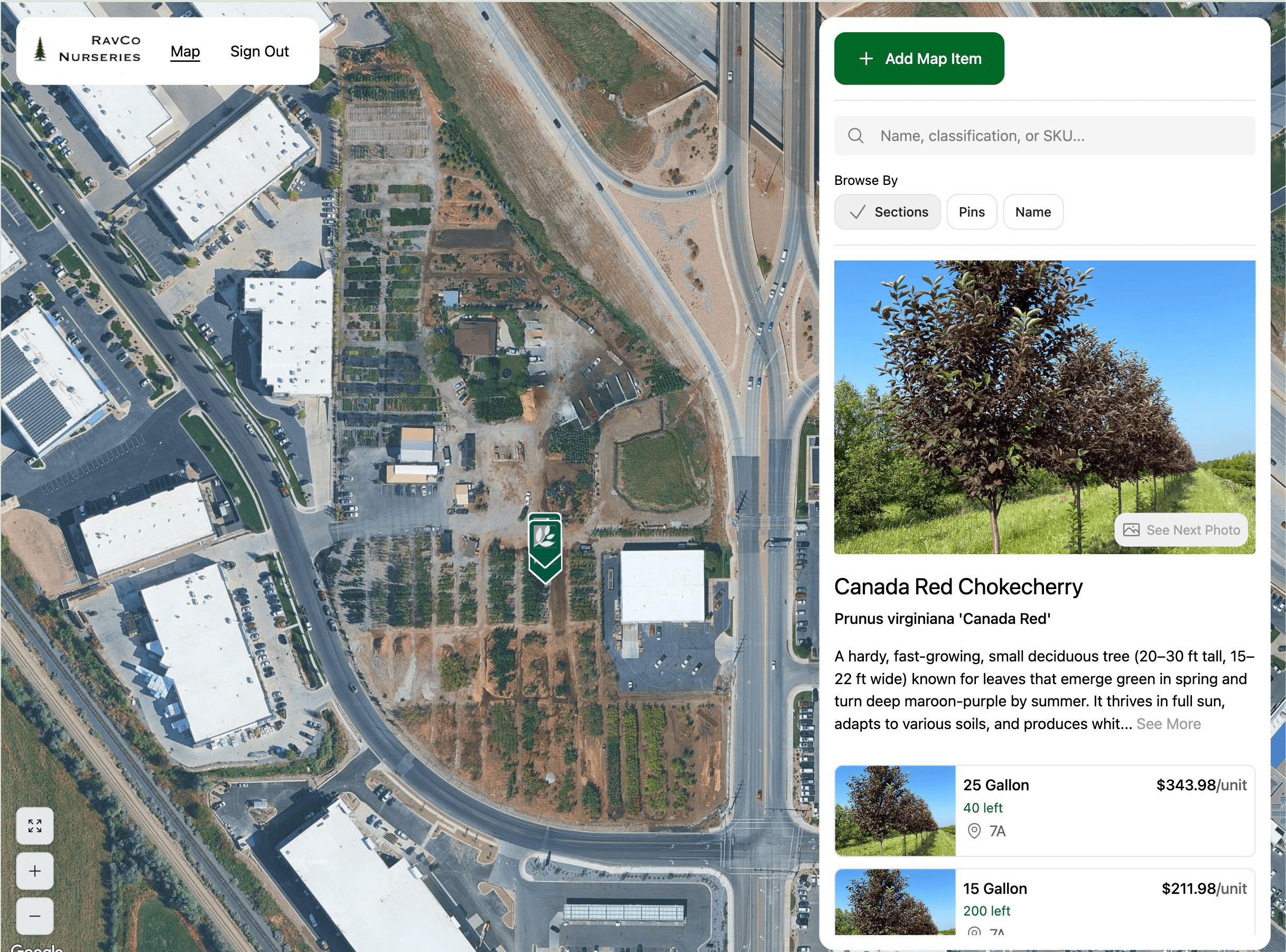 NurseryScapes inventory tracking item detail — Canada Red Chokecherry with tree photo, description, and available sizes (25 Gallon at $343.98 with 40 left in section 7A, 15 Gallon at $211.98 with 200 left).